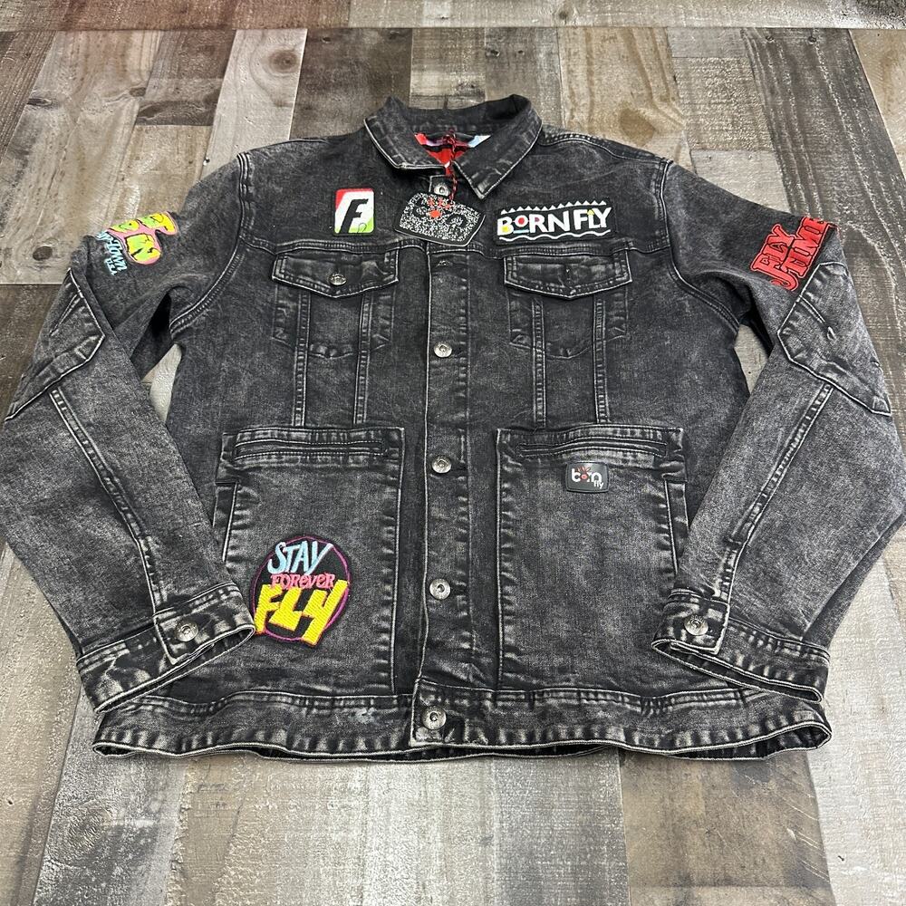 NWT Born Fly Jean‎ Jacket Black SIze Large L Denim Mens Embroidered Streetwear
